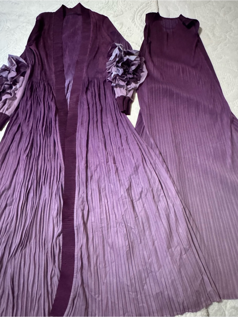 Elegant Plum Pleated Maxi Dress with Ruffled Sleeve Overlay